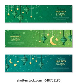 Selamat Hari Raya Aidilfitri horizontal banners. Vector illustration. Hanging ketupat and crescent with stars, garlands on green background. Caption: Fasting Day of Celebration