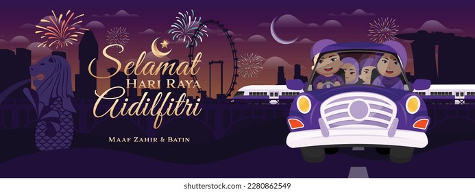 Selamat Hari Raya Aidilfitri Maaf Zahir and Batin Cute Happy Muslim Family Singapore City View (Vector)