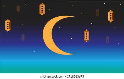 Selamat Hari Raya Aidilfitri vector illustration with lamp with Islamic pattern and moon with blue sky as background. Caption: Fasting Day of Celebration