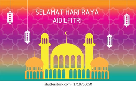 Selamat Hari Raya Aidilfitri vector illustration with lamp Islamic pattern and mosque with colorful sky as background. Caption: Fasting Day of Celebration