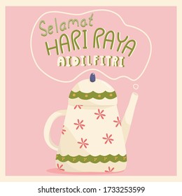 Selamat Hari Raya Aidilfitri vector illustration. Cute drawing Eid Mubarak greeting card. Teapot cute drawing greeting card. Fasting day celebration