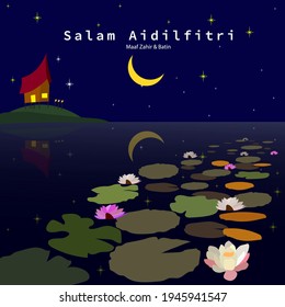 Selamat Hari Raya Aidilfitri vector illustration with traditional malay village house or Kampung near the pond full of lily flower during daylight. Fasting Day of Celebration