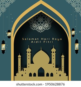 Selamat Hari Raya Aidilfitri Vektorgrafik mit islamischem Muster und malaiischer Moschee als Hintergrund. Überschrift: Wunschfreude hari raya aidilfitri