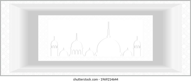 Selamat Hari Raya Aidilfitri Vector Design. Invitation for Muslim holiday Greeting Card. Islamic Background with Arabic Pattern and Mosque Silhouetee