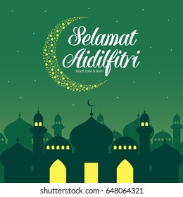 Selamat Hari Raya Aidilfitri vector illustration with traditional malay mosque. Caption: Fasting Day of Celebration