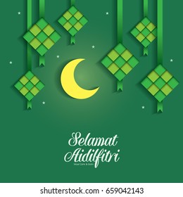 Selamat Hari Raya Aidilfitri vector illustration with traditional malay ketupat. Caption: Fasting Day of Celebration