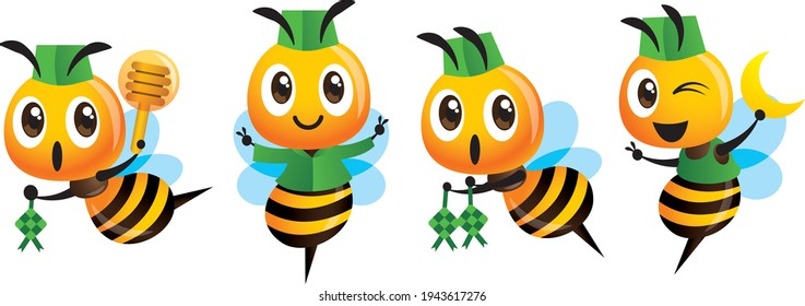 Selamat Hari Raya. Cartoon cute bee celebrate Hari Raya Aidilfitri mascot set. Cute bee wear Songkok cap holding Ketupat (rice dumplings) and moon.-mascot character 