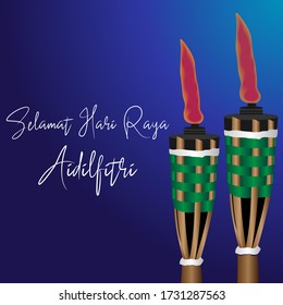 Selamat Hari Raya greetings vector with Pelita or Bamboo oil lamp decoration.
Selamat Hari Raya Aidifitri is malay greetings for eid mubarak
