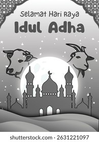 Selamat Hari Raya Idul Adha, translation: Happy Eid al-Adha with black and white silhouette concept. Simple design flat vector illustration of Eid al-Adha celebration