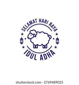 Selamat Hari Raya Idul Adha greeting logo with sheep icon and Islamic lanterns. Minimalist blue stamp design for Muslim Festival of Sacrifice on white background.