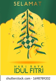 Selamat hari Raya Idul Fitri mean Eid Mubarak,  with ketupat or indonesian dumpling  vector  illustration