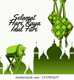Selamat Hari Raya Idul Fitri vector illustration with drum, diamond rices and green silhouette mosque.(Indonesia translate: Selamat Hari Raya Idul Fitri-Eid Al-Fitr Holiday), vector illustration 