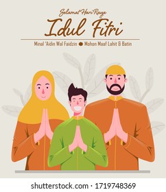 Selamat Hari Raya Idul Fitri Means Happy Eid Mubarak In Indonesian. Cartoon Muslim Family Celebrating Eid Al Fitr, Flat Style Vector Illustration For Eid Greeting Card Poster And Banner