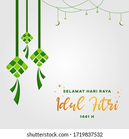 Selamat Hari Raya Idul Fitri (Eid Mubarak)  greeting card. Vector ketupat with crescent moon and stars