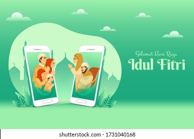 Selamat Hari Raya Idul Fitri Is Another Language Of Happy Eid Mubarak In Indonesian. Muslim Family Blessing Eid Mubarak To Grandparents Through Smart Phone Screens Using Video Call During Covid-19