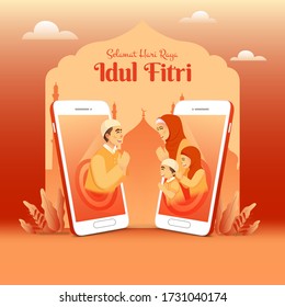 Selamat hari raya Idul Fitri is another language of happy eid mubarak in Indonesian. father blessing Eid mubarak to family using cell phone video call during Covid-19 pandemic