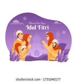 Selamat hari raya Idul Fitri is another language of happy eid mubarak in Indonesian. muslim family blessing Eid mubarak to grandparent isolated on white background