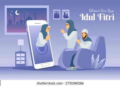 Selamat hari raya Idul Fitri is another language of happy eid mubarak in Indonesian. muslim woman blessing Eid mubarak to parents through computer screens using video conference app during Covid-19 pa
