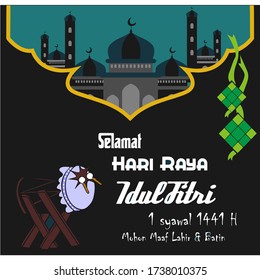 Selamat Hari Raya Idul Fitri means Happy Eid al-Fitri. the celebration of islamic day after fully fasting at ramadan month with set of Ketupat and mosque background. Happy Eid flat vector illustration