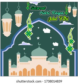 Selamat Hari Raya Idul Fitri means Happy Eid. the celebration of islamic day after fully fasting at ramadan month with set of ketupat, lampion and mosque background. Happy Eid flat vector illustration