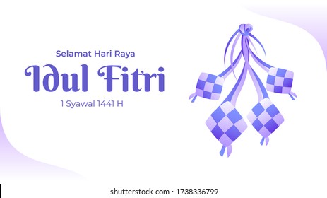 Selamat Hari Raya Idul Fitri greeting card with purple color ketupat vector to celebrating eid mubarak for landscape banner illustration. Fasting Day of Celebration, I seek forgiveness  physically