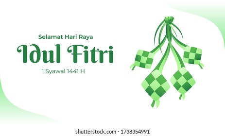 Selamat Hari Raya Idul Fitri greeting card with green color ketupat vector to celebrating eid mubarak for landscape banner illustration. Fasting Day of Celebration, I seek forgiveness  physically