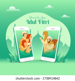 Selamat hari raya Idul Fitri is another language of happy eid mubarak in Indonesian. muslim family blessing Eid mubarak to grandparents through smart phone screens using video call during Covid-19