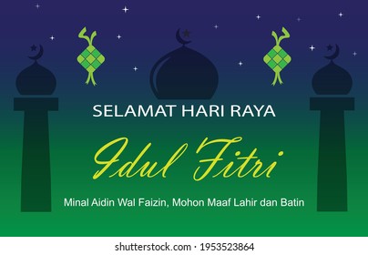 Selamat hari raya Idul Fitri with ketupat and mosque background,  Indonesian Language, the celebration of islamic day. Use for post card and brochure. Vector design