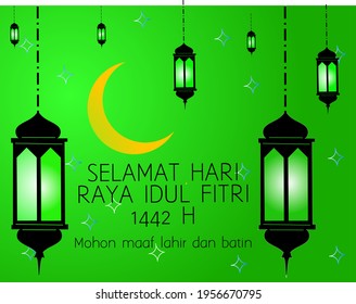 Selamat Hari Raya Idul Fitri Transalation of Happy Eid Mubarak, the celebration of islamic day after fully fasting at ramadan month of indonesian traditional.