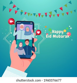 Selamat hari raya Idul Fitri, lebaran or is another language of happy eid mubarak in Indonesian. muslim family blessing Eid mubarak with smart phone on handle screens using video call during Covid-19