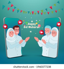 Selamat hari raya Idul Fitri or is another language of happy eid mubarak in Indonesian. muslim family blessing Eid mubarak with smart phone screens using video call during Covid-19