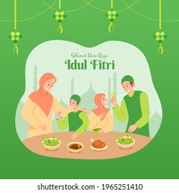 Selamat Hari Raya Idul Fitri Is Another Language Of Happy Eid Mubarak In Indonesian.muslim Family Sitting At Table Having Dinner Together During Eid Mubarak With Traditional Foods Ketupat