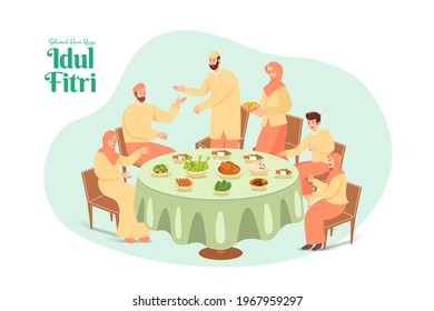 Selamat Hari Raya Idul Fitri Is Another Language Of Happy Eid Mubarak In Indonesian. Muslim Family Having Dinner Together During Eid Mubarak In Dining Room At Home