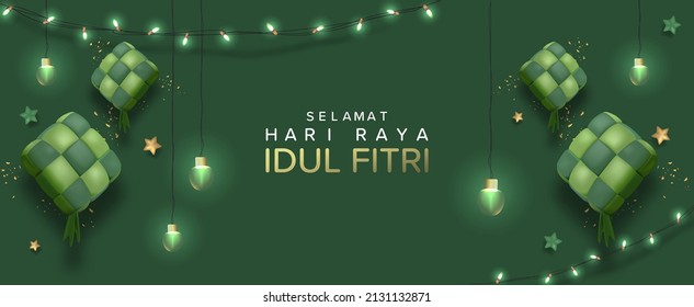 Selamat Hari Raya Idul Fitri Meaning : Happy Eid Mubarak. Eid Mubarak Template with 3D Realistic Ketupat Vector Illustartion, Eid Al Fitr with Islamic Ornament