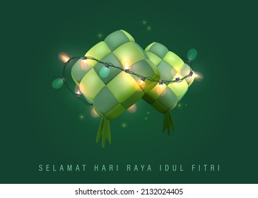 Selamat Hari Raya Idul Fitri Meaning : Happy Eid Mubarak. 3D Realistic Ketupat With Lamps In Green Background Suitable For Eid Mubarak And Ramadan Kareem Banner