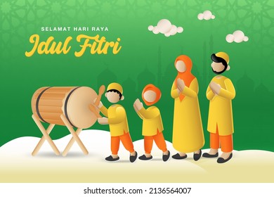 Selamat hari raya Idul Fitri translates to Eid al fitr mubarak. muslim family celebrating Eid al fitr with a boy playing islamic drum