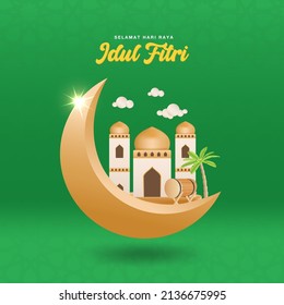 Selamat hari raya Idul Fitri translates to Eid al fitr mubarak. crescent moons with hanging mosque vector illustration