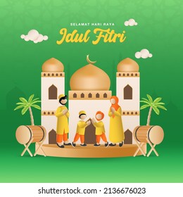 Selamat hari raya Idul Fitri translates to Eid al fitr mubarak. Cartoon muslim family blessing Eid al fitr in font of mosque.