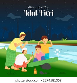 Selamat hari raya Idul Fitri, translation: happy eid mubarak. Children Playing Meriam bambu, traditional cannon made of bamboo wood at riverside to welcoming the month of ramadan in Indonesia