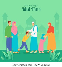 Selamat hari raya Idul Fitri is another language of happy eid mubarak in Indonesian muslim family blessing Eid mubarak to grandparents on green background