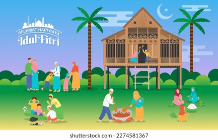 Selamat hari raya Idul Fitri is another language of happy eid mubarak in Indonesian. Greeting card with variant activity of Muslim peoples celebrating Eid al-Fitr in the village