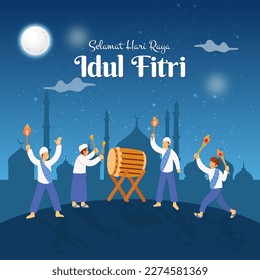 Selamat hari raya Idul Fitri, translation: happy eid mubarak. young man hitting bedug or drum for celebrating eid al fitr