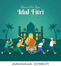 Selamat hari raya Idul Fitri, translation: happy eid mubarak with a group of youngster parading a big wooden drum to to celebrate eid mubarak in the night