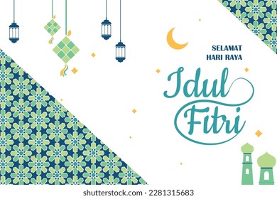 Selamat Hari Raya Idul Fitri. Translation: Happy Eid Mubarak. Eid al-Fitr Greeting with hand lettering calligraphy and illustration