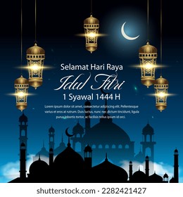 Selamat hari raya idul fitri means happy eid mubarak in indonesian with silhouette mosques and lanterns background