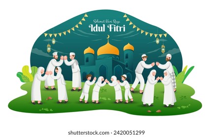 Selamat hari raya Idul Fitri is another language of happy eid mubarak in Indonesian. Cartoon muslim family celebrating Eid al fitr on blue background