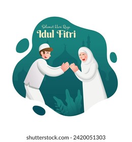 Selamat hari raya Idul Fitri is another language of happy eid mubarak in Indonesian. Cartoon muslim couple celebrating Eid al fitr on green background