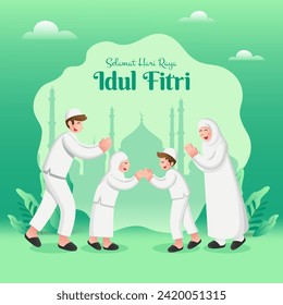 Selamat hari raya Idul Fitri es otra lengua de feliz eid mubarak en indonesio. Familia musulmana de dibujos animados celebrando Eid al fitr sobre el fondo verde