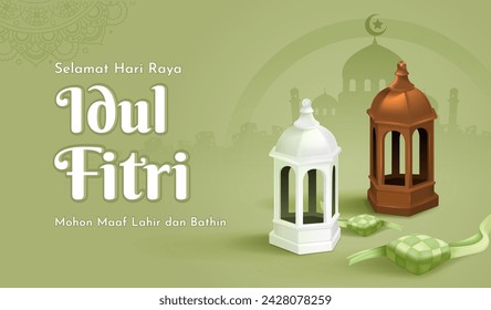 Selamat Hari Raya Idul Fitri Meaning : Happy Eid Mubarak. Eid Mubarak Decoration for Banner Vector illustration