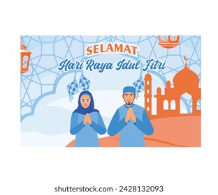 Selamat Hari Raya Idul Fitri meaning Happy Eid Mubarak flat vector modern illustration